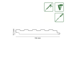 Abmessungen einer Profilholzplatte: 12,1 mm dick und 118 mm breit