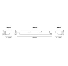 Technische Zeichnung von Sockelleistenprofilen WA104 und WA030 mit Maßangaben.