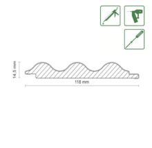 Querschnitt einer Paneele mit Maßen 118 mm x 14,5 mm und Montagehinweisen