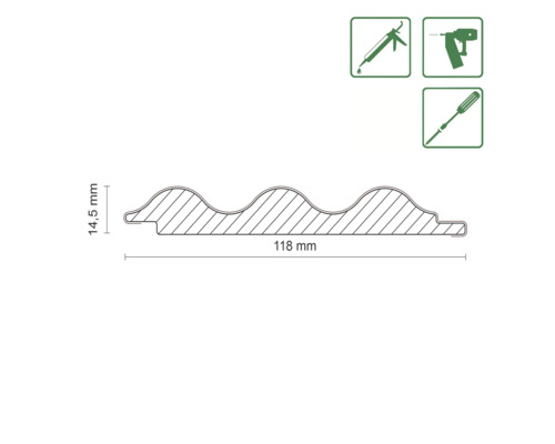 Querschnitt einer Paneele mit Maßen 118 mm x 14,5 mm und Montagehinweisen