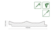 Abmessungen einer Zierleiste: 14,5 mm hoch und 118 mm breit, mit Montageanleitungssymbolen