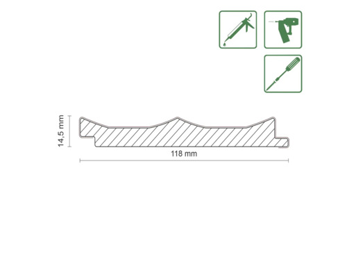 Abmessungen einer Zierleiste: 14,5 mm hoch und 118 mm breit, mit Montageanleitungssymbolen