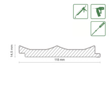 Profilleiste Querschnitt mit Maßangaben 118 mm Breite und 14,5 mm Höhe