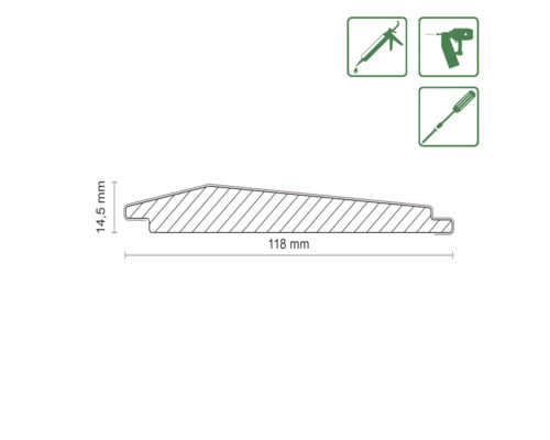 Technische Zeichnung eines Profils mit den Maßen 118 Millimeter Breite und 14,5 Millimeter Höhe