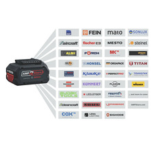 Abbildung eines AMPShare Akkus mit Partnerlogos