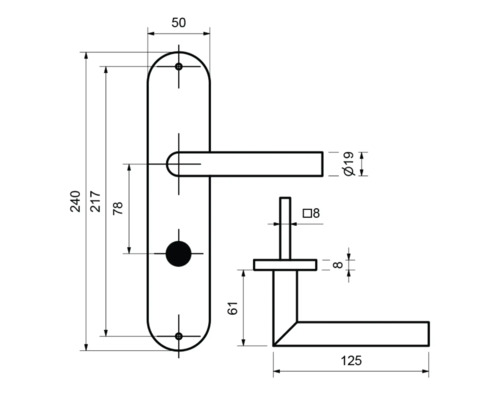 Technische Zeichnung eines Türdrückers mit Maßangaben