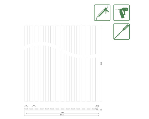 Technische Zeichnung einer Zaunansicht mit Maßangaben und Werkzeugsymbolen