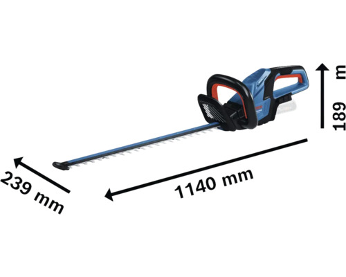 Abbildung einer Heckenschere mit den Maßen 1140 mm Länge, 239 mm Breite und 189 mm Höhe.