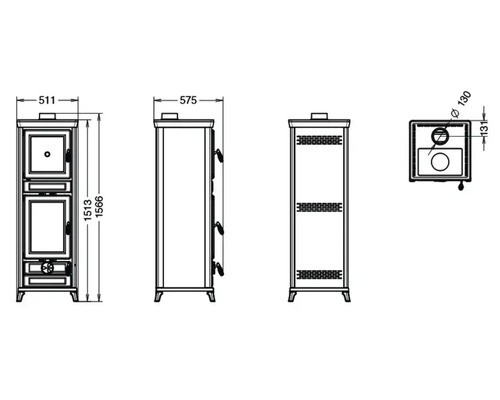 Zeichnung eines Kaminofens mit Maßangaben