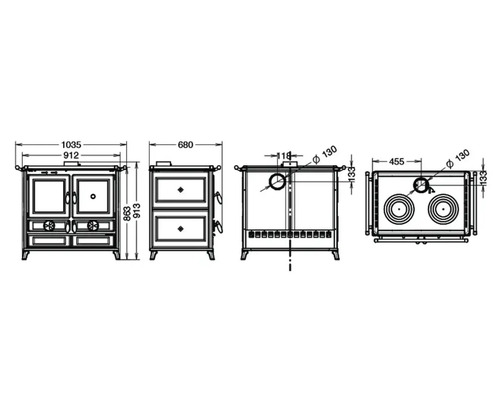 Technische Zeichnung eines Holzherds mit Maßangaben.