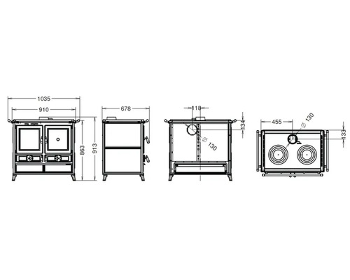 Technische Zeichnung eines Küchenofens mit Maßangaben