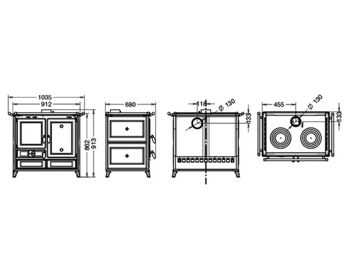 Technische Zeichnung eines Küchenofens mit Maßangaben