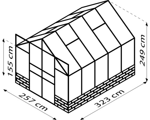 Skizze eines Gewächshauses mit Abmessungen: 257 cm x 323 cm Grundfläche und 249 cm Höhe.
