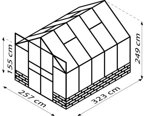 Technische Zeichnung eines Gewächshauses mit Maßangaben