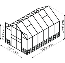 Zeichnung eines Gewächshauses mit Maßangaben: 257 cm breit, 385 cm tief und 249 cm hoch.