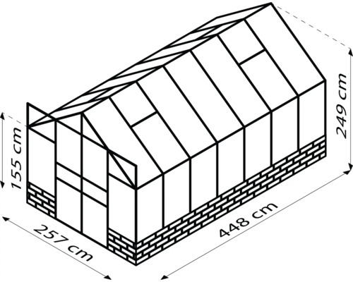 Technische Zeichnung eines Gewächshauses mit Maßangaben.