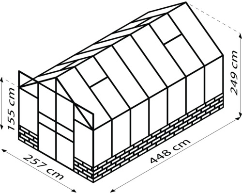 Abbildung eines Gewächshauses mit Maßangaben: 257 cm breit, 448 cm lang und 249 cm hoch.
