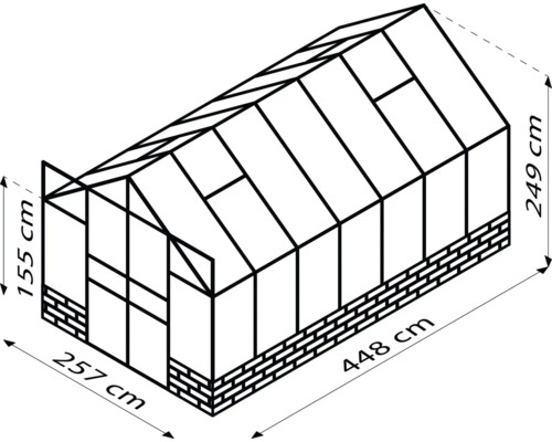 Technische Zeichnung eines Gewächshauses mit den Maßen 257 cm x 448 cm x 249 cm