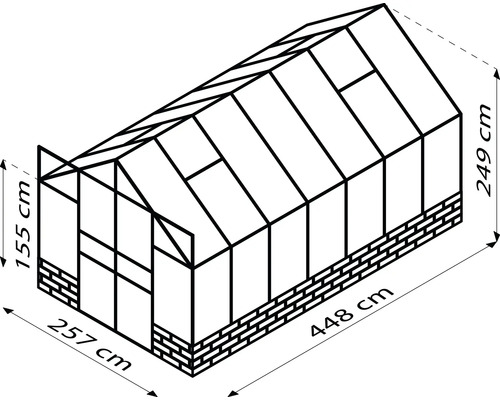 Abbildung eines Gewächshauses mit den Maßen 257 mal 448 mal 249 Zentimeter