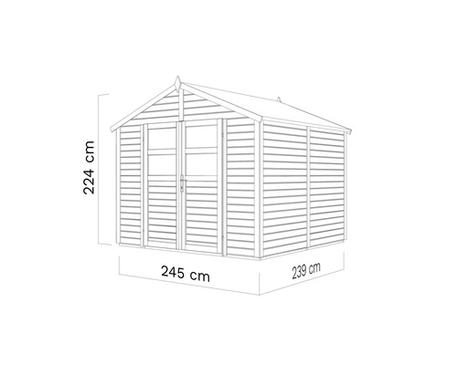 Abbildung eines Gartenhauses mit den Maßen 224 cm Höhe, 245 cm Breite und 239 cm Tiefe.