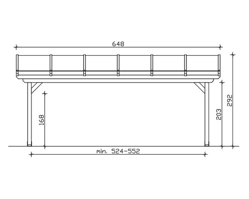 Technische Zeichnung eines Pavillons mit Breiten-, Höhen- und Tiefenangaben
