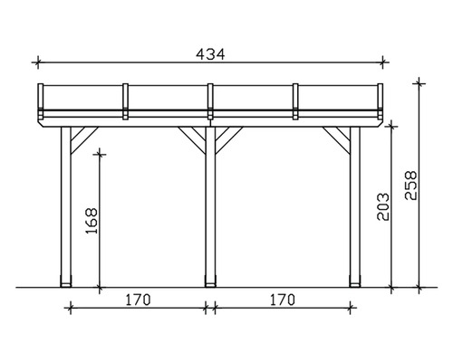 Technische Zeichnung eines Carports mit Maßangaben