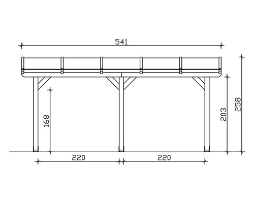 Technische Zeichnung einer Holzüberdachung mit Maßangaben.