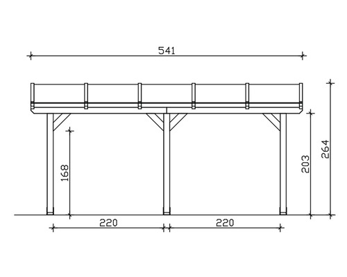 Technische Zeichnung eines Holzunterstandes mit Maßangaben