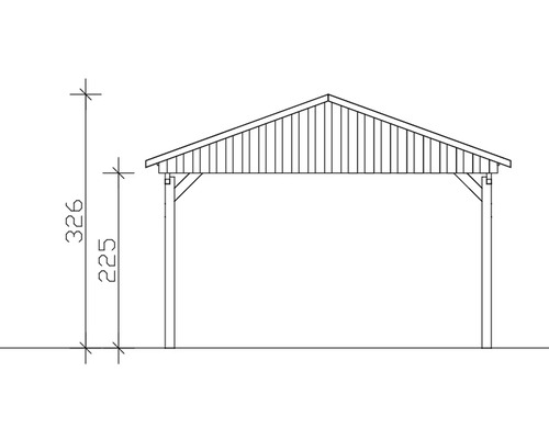Technische Zeichnung eines Carports mit Höhenangaben in Zentimetern