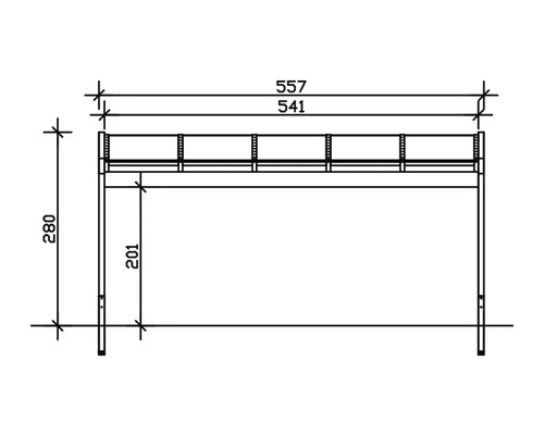 Technische Zeichnung eines Metalltisches mit den Maßen 557 mm Breite, 280 mm Höhe und 201 mm Tiefe.