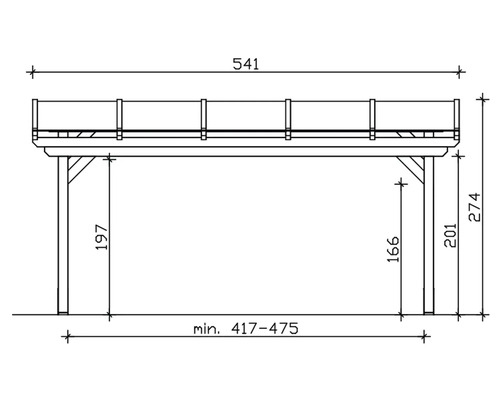 Technische Zeichnung eines Pavillons mit Höhen- und Breitenangaben