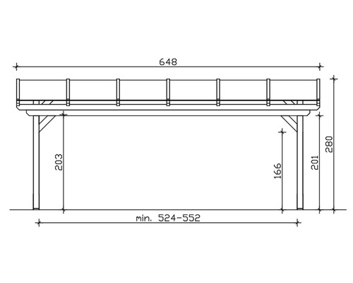 Technische Zeichnung einer Terrassenüberdachung mit Maßangaben