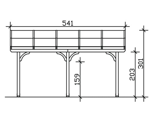 Technische Zeichnung eines Gartenhauses mit Maßangaben.