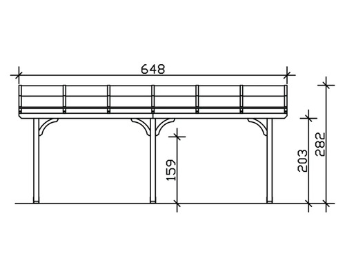 Technische Zeichnung eines Holzpavillons mit Maßangaben
