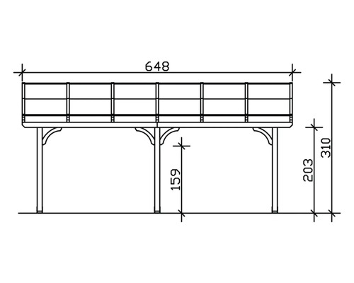 Technische Zeichnung eines Bauwerks mit den Maßen 648, 310 und 159.