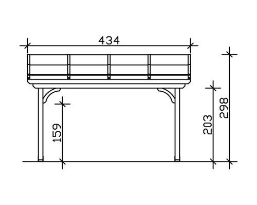 Technische Zeichnung eines Holzpavillons mit Maßangaben