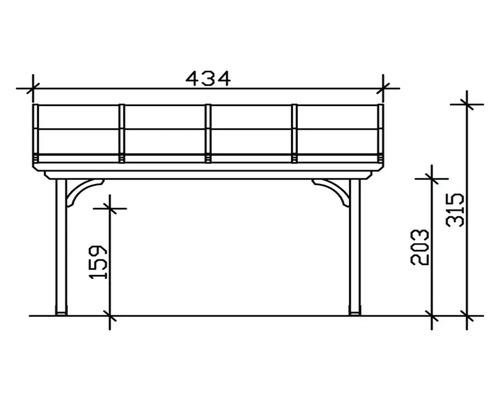 Technische Zeichnung eines Holzpavillons mit den Maßen 434, 315 und 159 Zentimeter.