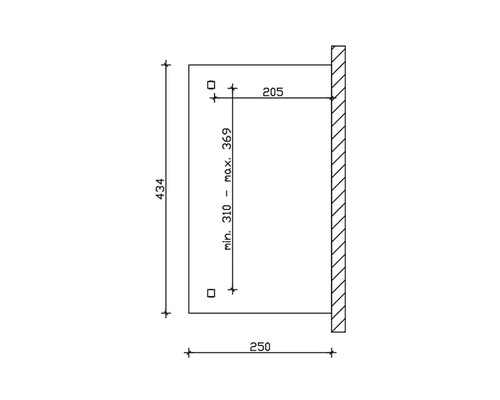 Technische Zeichnung mit Maßangaben für ein Produkt, einschließlich Höhe von 434, Tiefe von 205 und variabler Breite von minimal 310 bis maximal 369.