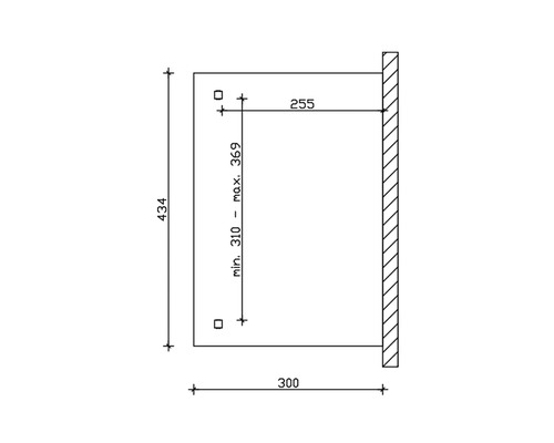 Technische Zeichnung mit Maßangaben für ein Produkt: Höhe 434, Tiefe 300, Abstand zur Wand 255, variable Höhe zwischen 310 und maximal 369.