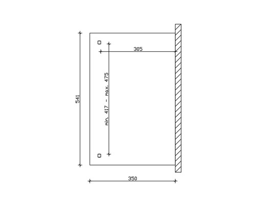 Technische Zeichnung mit Maßangaben zur Wandmontage: Höhe 541 mm, Breite 350 mm, Tiefe 305 mm, variable Montagehöhe zwischen 417 mm und 475 mm.
