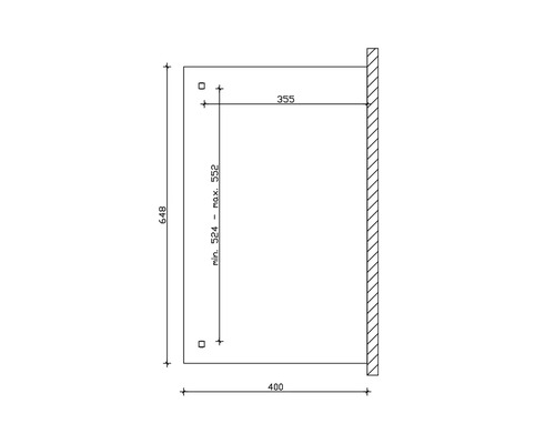 Technische Zeichnung mit Maßangaben für ein Produkt: Höhe 648, Breite 400, Tiefe 355, variable Höhe von 524 bis 552.