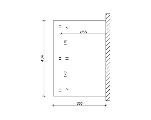 Technische Zeichnung mit Maßangaben für ein Objekt mit einer Höhe von 434, einer Breite von 300 und einer Tiefe von 255.