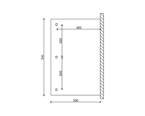Technische Zeichnung eines Möbelstücks mit Maßangaben in Millimetern