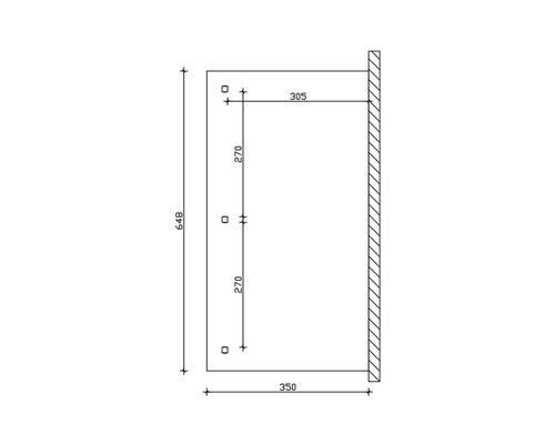 Technische Zeichnung mit Maßangaben in Millimeter für ein Produkt, Höhe 648, Breite 350, Tiefe 305