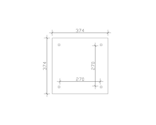 Quadratische Platte mit den Maßen 374 x 374 mm und Bohrungen im Abstand von 270 mm.