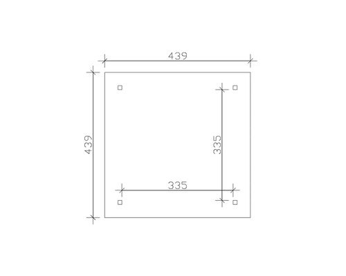 Technische Zeichnung einer quadratischen Platte mit den Maßen 439 x 439 mm und vier Bohrlöchern im Abstand von 335 mm.