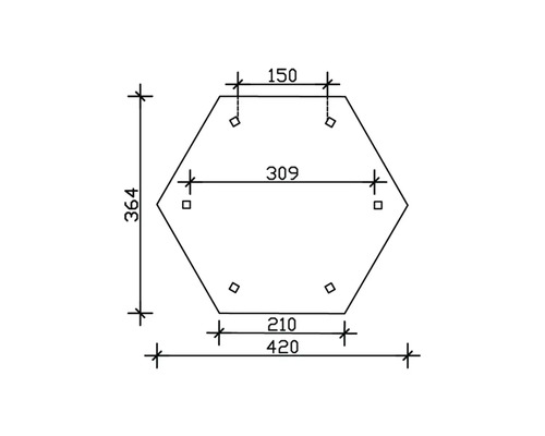 Technische Zeichnung einer sechseckigen Platte mit Maßangaben
