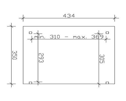 Technische Zeichnung mit Maßangaben: 434 Millimeter Breite, 350 Millimeter Höhe, minimal 310 Millimeter bis maximal 369 Millimeter Tiefe.