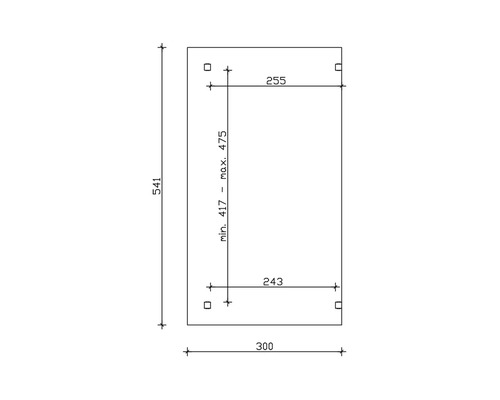 Technische Zeichnung mit Maßangaben: Länge 541, Breite 300, minimale Höhe 417, maximale Höhe 475, obere Breite 255, untere Breite 243.