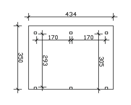 Technische Zeichnung mit Maßangaben für eine rechteckige Struktur